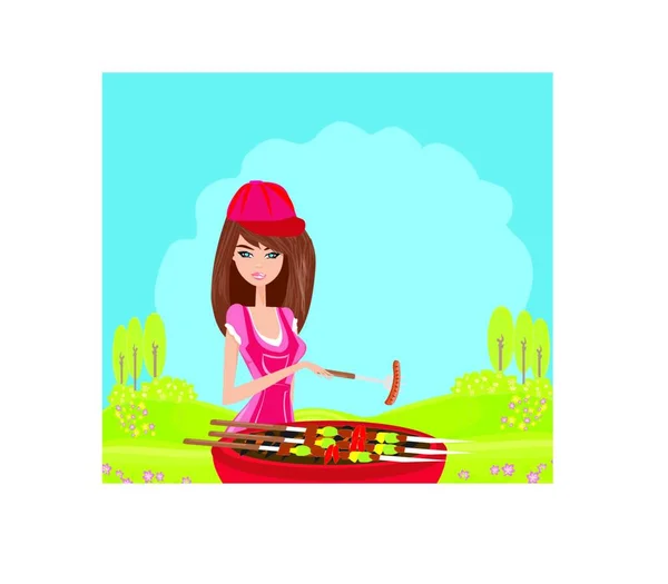 Mujer Cocinando Una Parrilla — Vector de stock