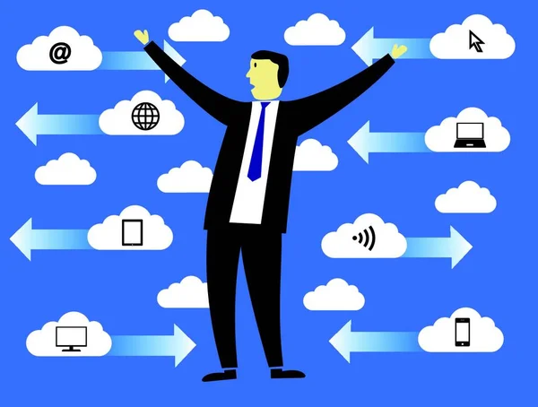 Üzletember Felhőkben Kommunikációs Szimbólumokkal — Stock Vector