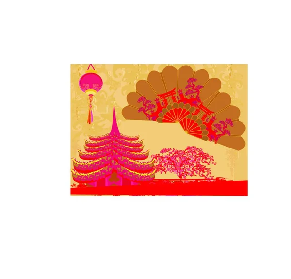 Lanternas Tradicionais Decorativas Paisagem Chinesa Belo Cartão Fãs — Vetor de Stock