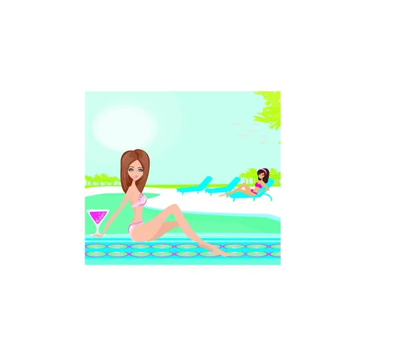 Vector Image Girls Tropical Pool — Stock Vector