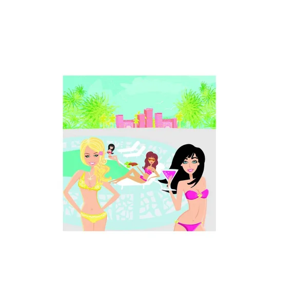 Imagem Vetorial Meninas Piscina Tropical — Vetor de Stock