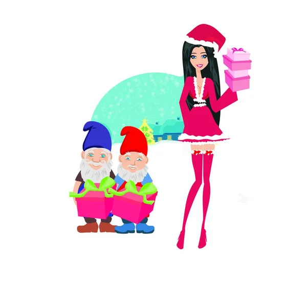 Beautiful Pin Girl Christmas Inspired Costume Dwarfs Helpers — Stock Vector