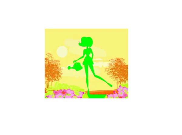 花に水をまく少女のイラスト — ストックベクタ