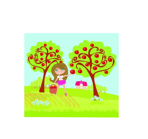 Little Girl Collects Apples Sunny Day — Stock Vector