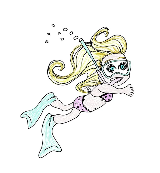 Meisje Zwemmen Onder Water Doodle — Stockvector