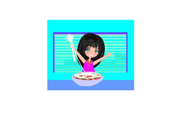 Petite Fille Manger Des Spaghettis — Image vectorielle