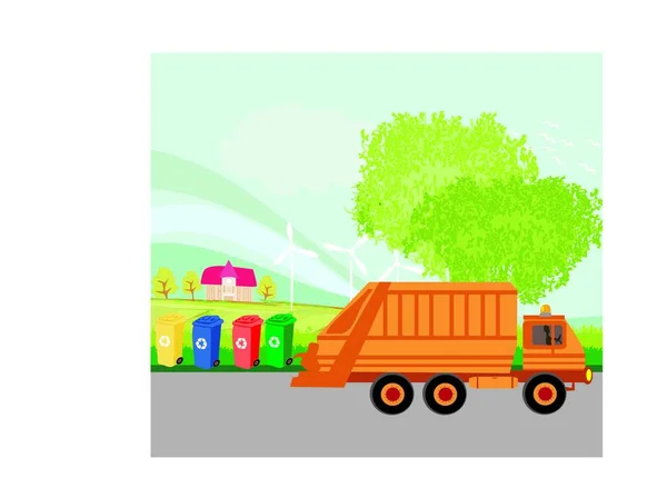 Bacs Recyclage Colorés Concept Écologique Avec Paysage Camion Ordures — Image vectorielle