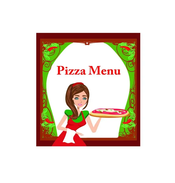 Leende Servitris Som Serverar Pizza Menykort — Stock vektor