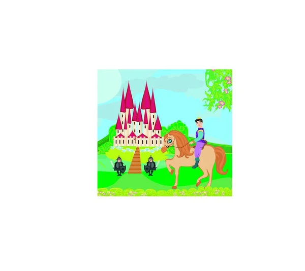 Príncipe Montando Caballo Castillo — Vector de stock