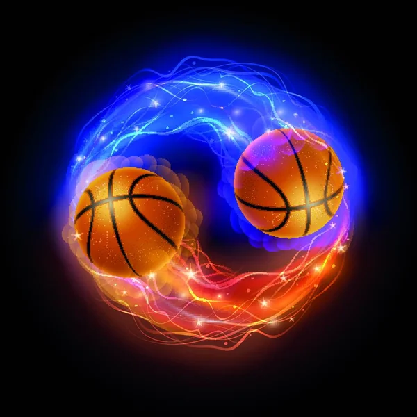 Basketbalový Míč Plamenech Světla Proti Černému Pozadí Vektorové Ilustrace — Stockový vektor