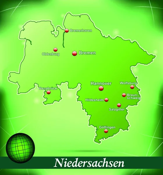 Niedersachsen Deutschland Als Inselkarte Mit Abstraktem Hintergrund Grün Das Ansprechende — Stockvektor