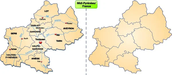 Midi Pyrenees Francia Como Mapa Insular Con Fronteras Naranja Pastel — Archivo Imágenes Vectoriales