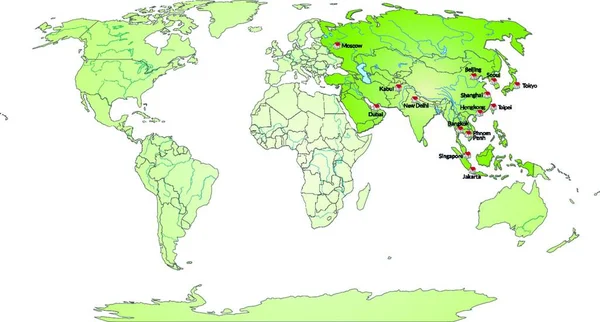Mapa Asia Con Capitales Verde — Vector de stock