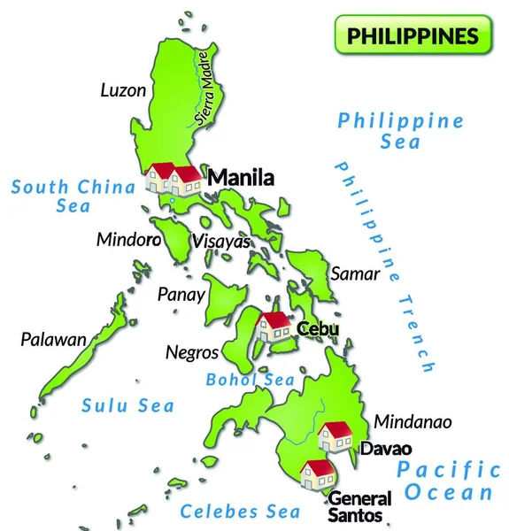 アジアのフィリピンは緑の島の地図で絵カードのデザインをしています 魅力的なデザイン カードはあなたの意図と完全に一致します — ストックベクタ