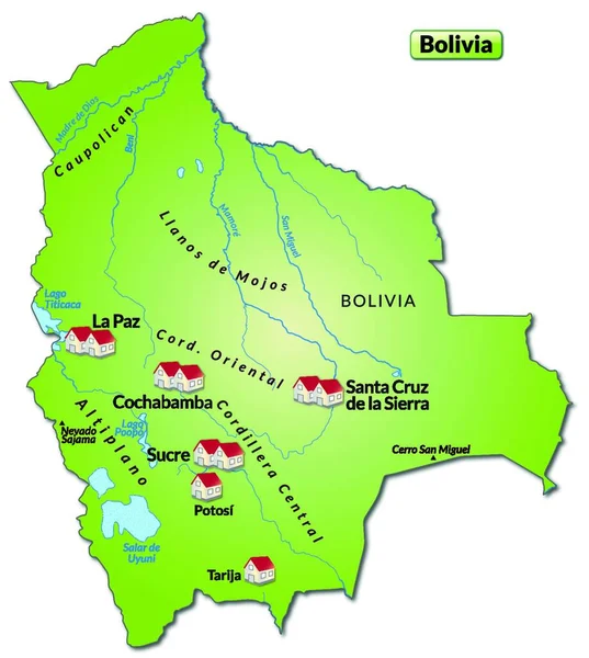 Bolivia Zuid Amerika Als Een Eilandenkaart Met Een Picturaal Kaartontwerp — Stockvector