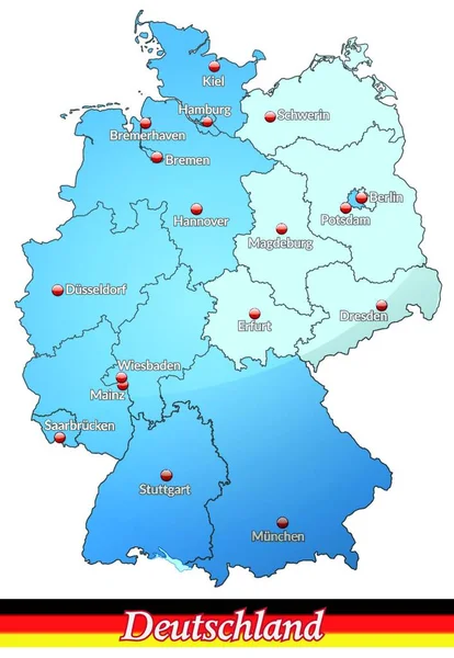 Alemania Con Subdivisión Este Oeste Como Mapa Isla Azul Tarjeta — Archivo Imágenes Vectoriales