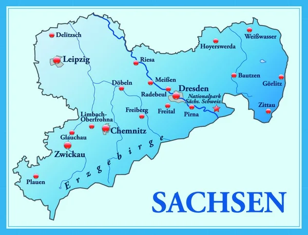 Sachsen Języku Niemieckim Jako Mapa Wysp Wszystkich Informacji Topograficznych Kolorze — Wektor stockowy