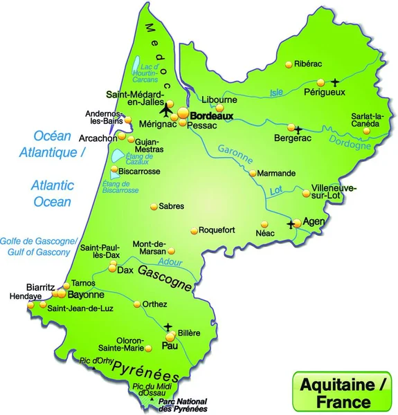 法国的阿基坦 作为一个岛屿地图 石榴石场是可选的 所有主要地形信息都是绿色的 这张卡片吸引人的设计与你的意图完全一致 — 图库矢量图片