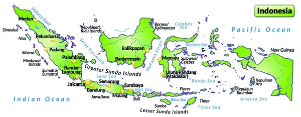 Indonésie Asii Jako Ostrovní Mapa Všemi Důležitými Topografickými Informacemi Zelené — Stockový vektor