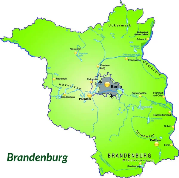 Brandenburg Στη Γερμανία Χάρτη Του Νησιού Όλες Τις Σημαντικές Τοπογραφικές — Διανυσματικό Αρχείο