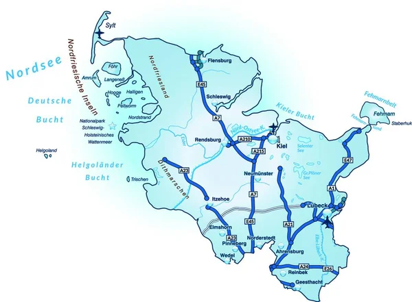 Carte Schleswig Holstein Avec Réseau Transport Bleu — Image vectorielle