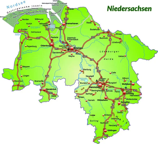 Niedersachsen Deutschland Als Inselkarte Mit Verkehrsnetz Passt Das Ansprechende Design — Stockvektor