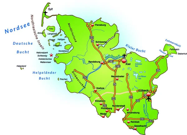 Karte Von Schleswig Holstein Mit Verkehrsnetz Grün — Stockvektor