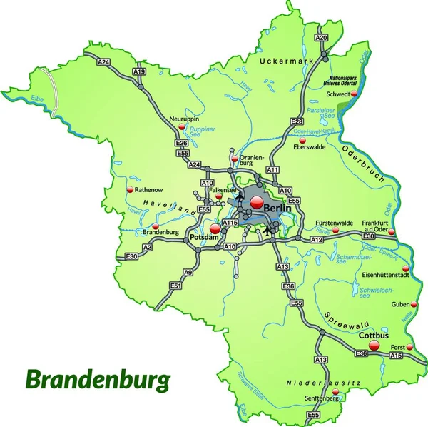 Brandenburg Alemania Como Mapa Isla Con Red Transporte Verde Pastel — Archivo Imágenes Vectoriales