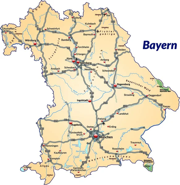 Bavorsko Německu Jako Ostrovní Mapa Dopravní Sítí Pastelově Oranžové Díky — Stockový vektor
