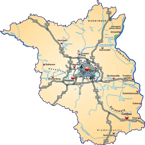 Brandenburg Německu Jako Ostrovní Mapa Dopravní Sítí Pastelově Oranžové Atraktivním — Stockový vektor