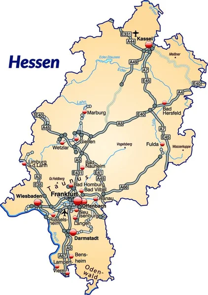 Hessen Deutschland Als Inselkarte Mit Pastellorangefarbenem Verkehrsnetz Das Ansprechende Design — Stockvektor