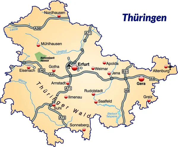 Thuringia Germania Come Mappa Dell Isola Con Rete Trasporto Arancione — Vettoriale Stock