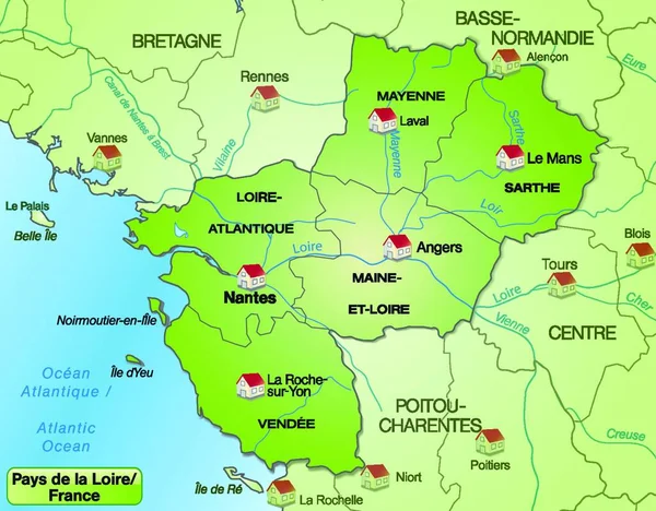 Mappa Regione Della Loira Con Dipartimenti — Vettoriale Stock