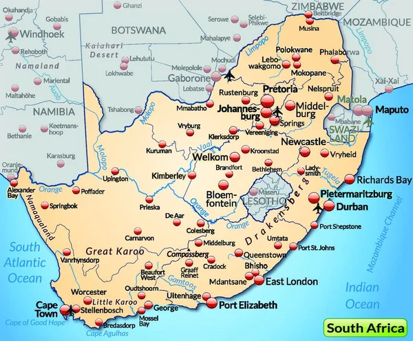 Νότια Αφρική Στην Αφρική Περιβαλλοντικός Χάρτης Όλες Τις Σημαντικές Τοπογραφικές — Διανυσματικό Αρχείο