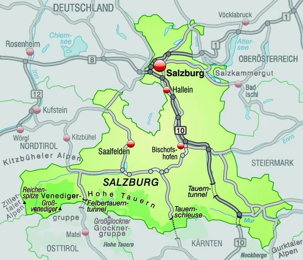 Salzburg Oostenrijk Als Gebiedskaart Met Een Verkeersnetwerk Pastelgroen Het Aantrekkelijke — Stockvector