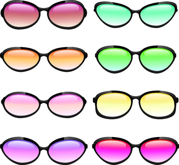 Illustrated Set Sunglasses Different Fashion Styles Lens Colors — Stock Vector
