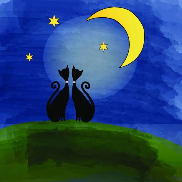 แมวสองต วบนท งหญ าใต ดวงจ นทร ภาพวาดในร ปแบบเวกเตอร — ภาพเวกเตอร์สต็อก