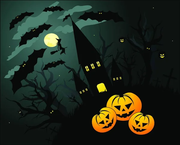 Fond Illustration Halloween Avec Chauves Souris Sorcière Citrouille — Image vectorielle