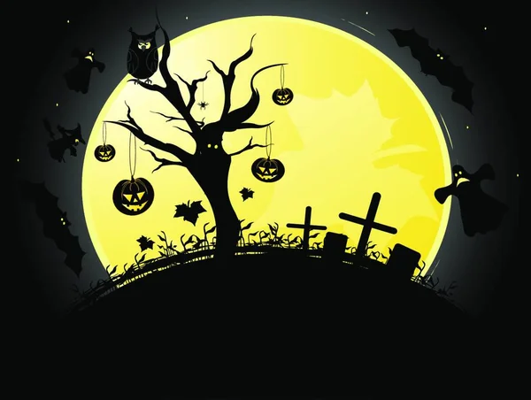 Halloween Illustrazione Sfondo Con Luna Albero Pipistrelli Strega Zucca — Vettoriale Stock