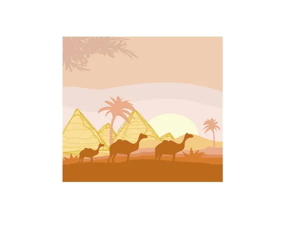 Караван Верблюдов Дикой Африке Пейзаж Иллюстрации — стоковый вектор
