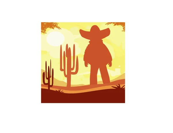 Uomo Sombrero Piante Cactus Tramonto Del Deserto — Vettoriale Stock