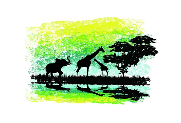 Safari Afrique Silhouette Animaux Sauvages Reflet Dans Eau — Image vectorielle