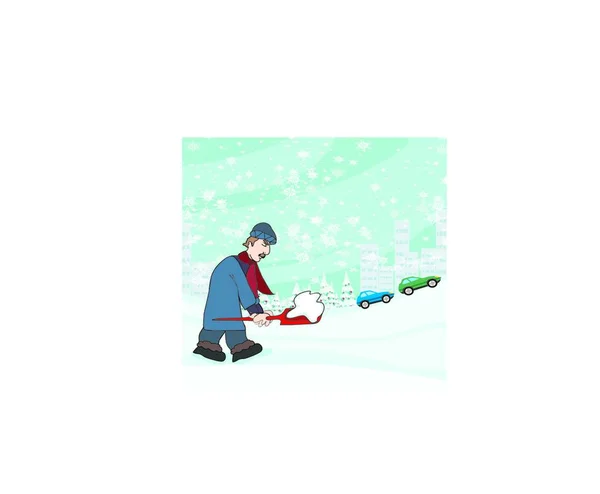 Человек Убирает Снег Улицы Зимой — стоковый вектор