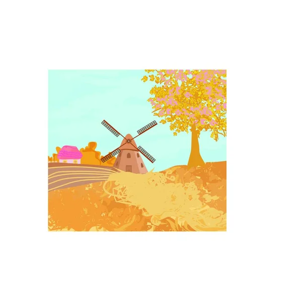 Landscape Windmill Autumn Sunny Day — Stock Vector