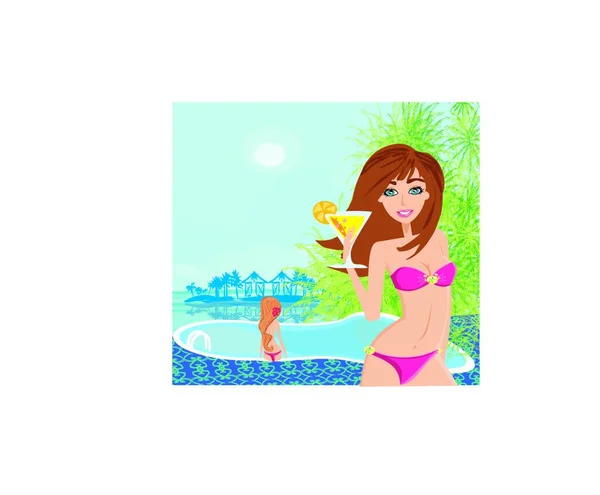 Girls Tropical Pool — Stock Vector