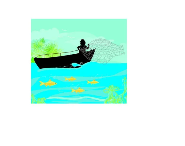 Pescador Barco Pesca — Vetor de Stock