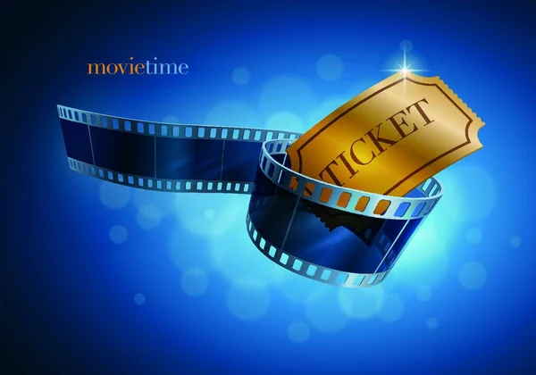 Κινηματογραφικό Φιλμ Και Χρυσό Εισιτήριο Μπλε Φόντο Defocus Εικονογράφηση Διανύσματος — Διανυσματικό Αρχείο