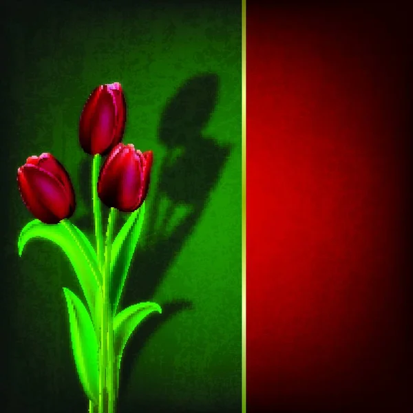 Astratto Grunge Sfondo Floreale Con Tulipani Rossi Rosso Verde — Vettoriale Stock