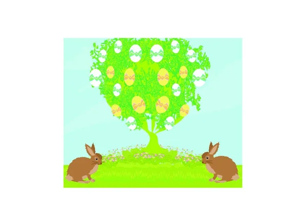 Carte Pâques Avec Lapins Arbre — Image vectorielle