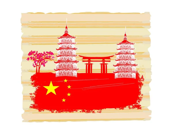 Κινέζικο Τοπίο Διακοσμητική Κάρτα Κτίρια Σημαίες Και Πύλη — Διανυσματικό Αρχείο